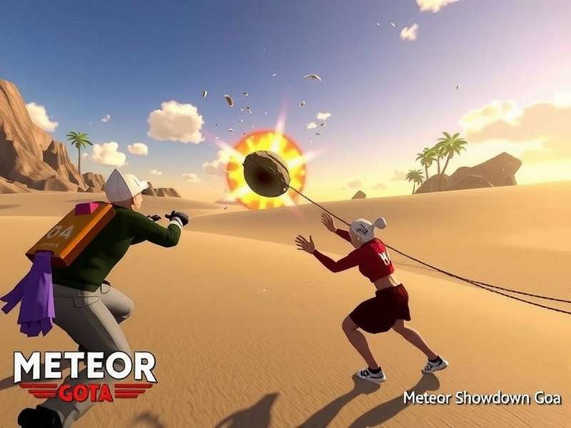 Meteor Showdown Goa gameplay showing two players battling near a crashed meteor on Anjuna beach